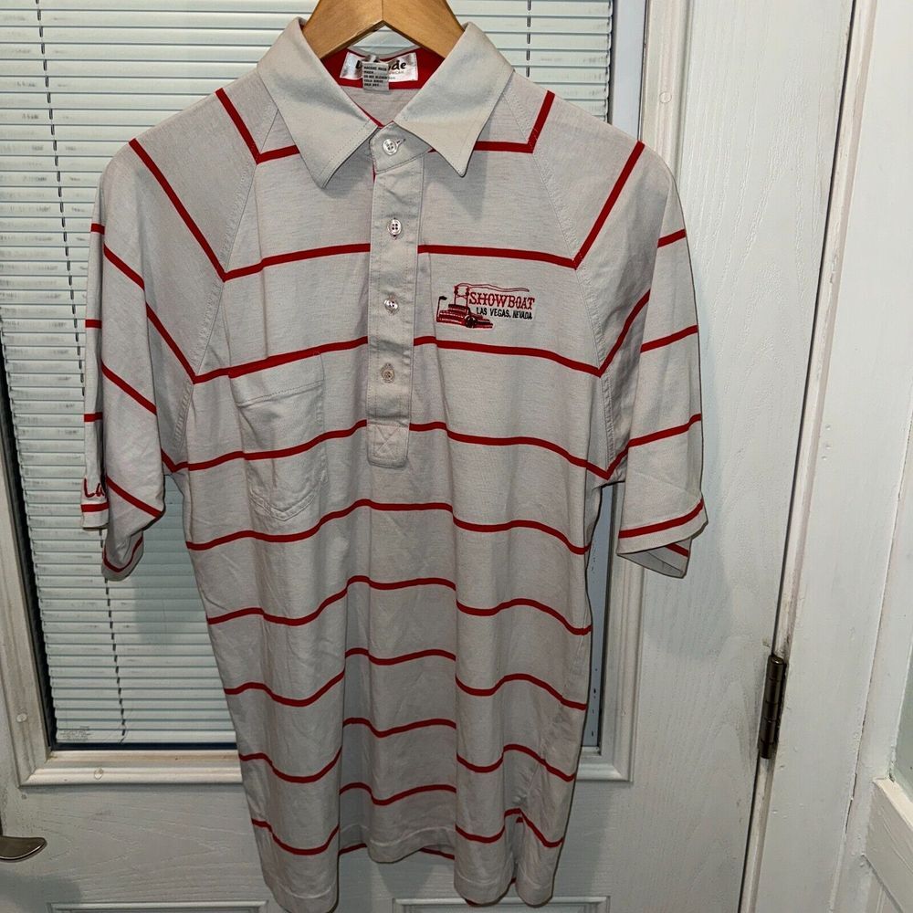 La Mode Active Sportswear Polo Shirt Mens L Showboat Las Vegas White Red Striped